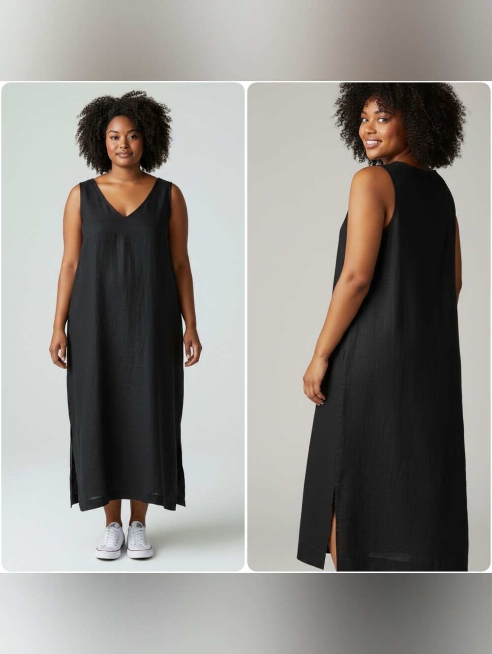 DKNY Linen Blend Maxi Sleeveless Black Dress XXL Split Side Lagenlook Shift